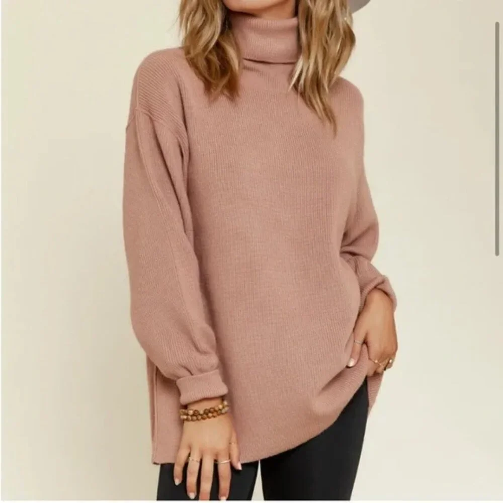 FREE PEOPLE Sweater‎ Womens Small Pink Softly Structured Tunic Cowl Neck Ribbed